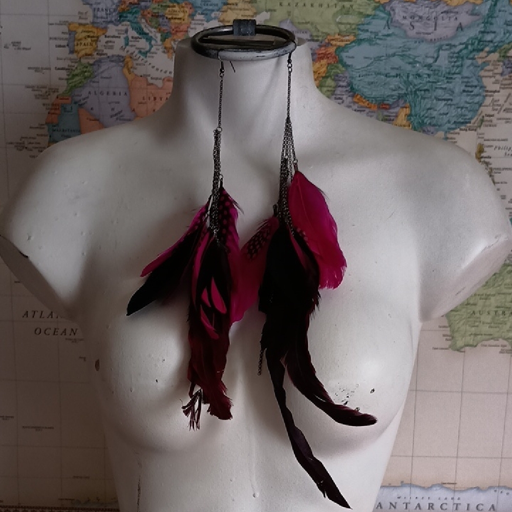Fuscia And Black Feather Earrings